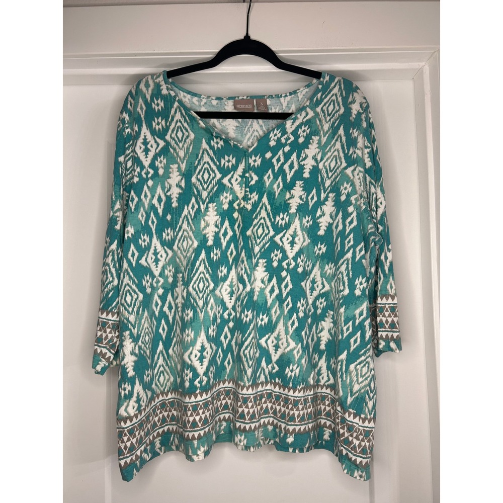 Chicos Teal Ikat Diamond Print V-Neck 3/4 Sleeve Top Size 3 XL Cotton‎ Modal